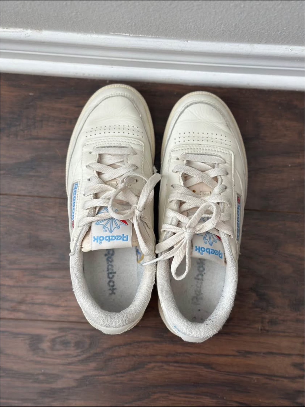 Reebok Cream Leather Sneakers With Blue And Red Logo Accents